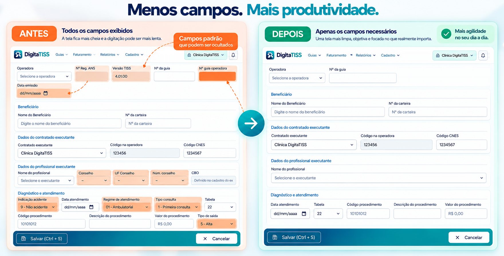 Comparação de uma guia TISS com todos os campos exibidos e a mesma guia com apenas os campos personalizados pelo usuário